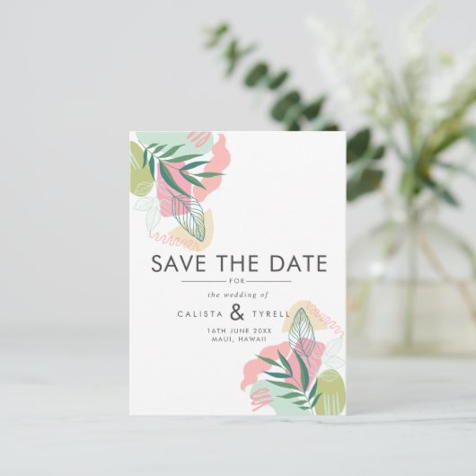 Moderne Abstracte tropische roze en groene bruilof Aankondigingskaart (Staand voorkant)