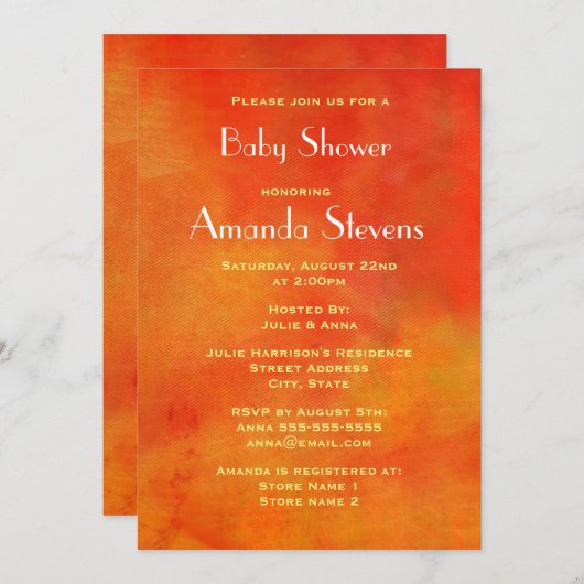 Moderne Abstracte verf in Oranje Baby shower Kaart (Voorkant / Achterkant)