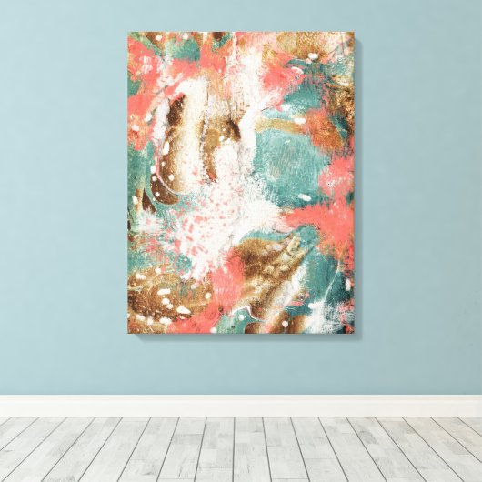 Moderne Abstracte verf koraal Blauwgroen Gold Whit Canvas Afdruk (Insitu (Houten vloer))