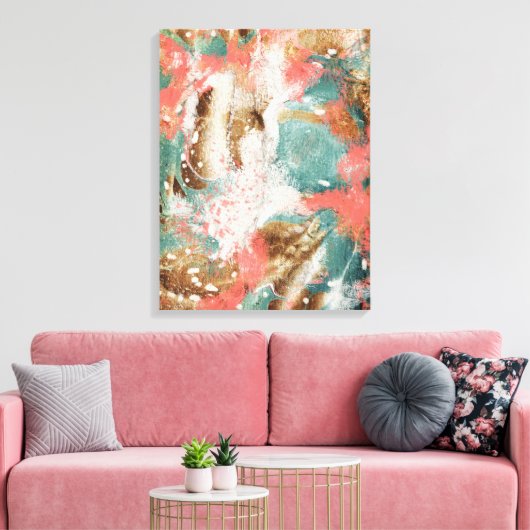 Moderne Abstracte verf koraal Blauwgroen Gold Whit Canvas Afdruk (Insitu (Woonkamer))