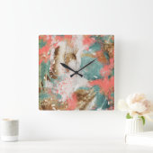 Moderne Abstracte verf koraal Blauwgroen Gold Whit Vierkante Klok (Huis)