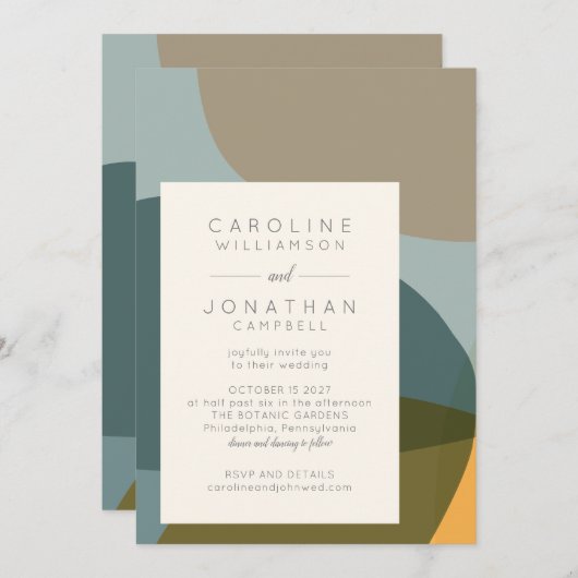 Moderne Abstracte vormen Blauwgroen Taupe Chic Wed Kaart (Voorkant / Achterkant)