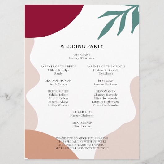 Moderne abstracte vormen hedendaagse bruiloft programmakaart (Achterkant)