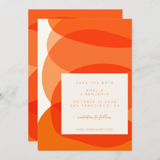 Moderne Abstracte vormen in Oranje chic Wedding Save The Date (Voorkant / Achterkant)