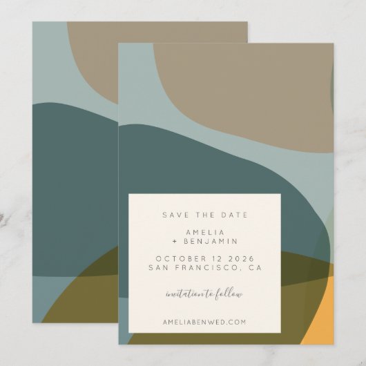 Moderne Abstracte Vormen Teal Taupe Save The Date (Voorkant / Achterkant)