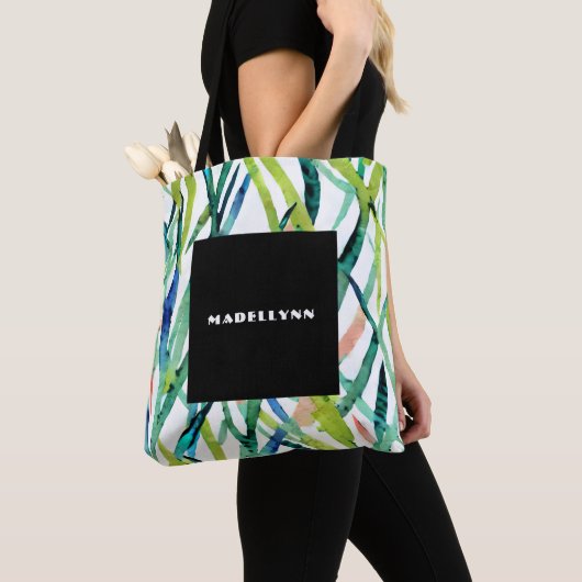 Moderne Abstracte Watercolor Blad Monogram Tote Bag (Dichtbij)