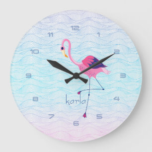 Moderne Abstracte watergolven en roze flamingo Grote Klok