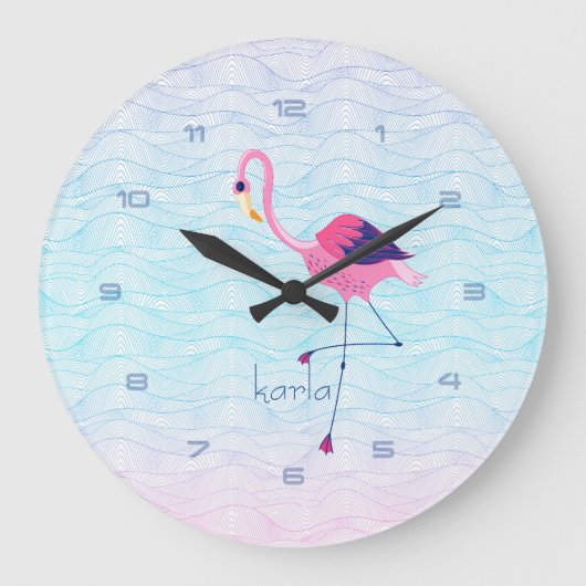 Moderne Abstracte watergolven en roze flamingo Grote Klok (Voorkant)