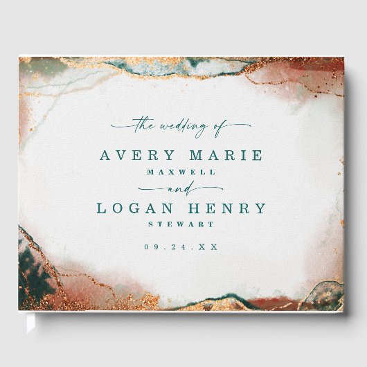 Moderne Abstracte Waterverf Blauwgroen & Koperhuwe Gastenboek (Voorkant)