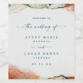 Moderne Abstracte Waterverf Blauwgroen & Koperhuwe Wijn Etiket (Enkel label)