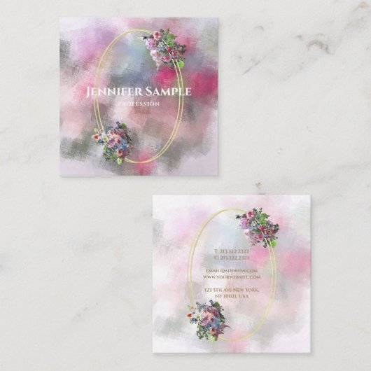 Moderne Abstracte Waterverf Bloemen Goud Lijst Chi Vierkante Visitekaartje (Voorkant / Achterkant)