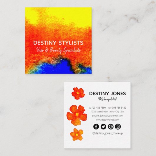 Moderne Abstracte Waterverf Bloemen Make-up Artist Vierkante Visitekaartje (Voorkant / Achterkant)