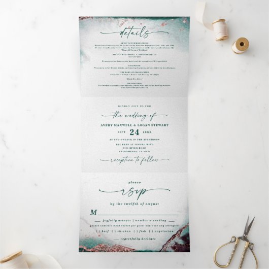 Moderne Abstracte Waterverf Emerald Green Wedding Drieluik Uitnodiging (Binnen)