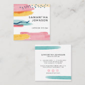 Moderne Abstracte Waterverf Geel Roze Blauw Ontwer Vierkante Visitekaartje (Voorkant / Achterkant)