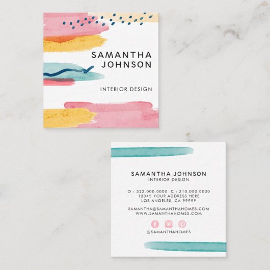 Moderne Abstracte Waterverf Geel Roze Blauw Ontwer Vierkante Visitekaartje (Voorkant / Achterkant)