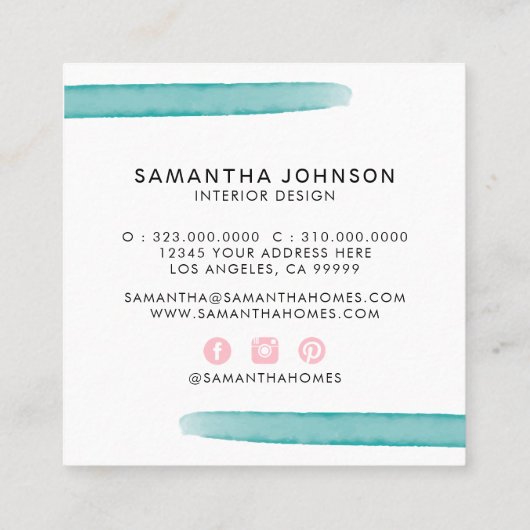 Moderne Abstracte Waterverf Geel Roze Blauw Ontwer Vierkante Visitekaartje (Achterkant)