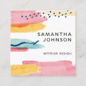 Moderne Abstracte Waterverf Geel Roze Blauw Ontwer Vierkante Visitekaartje (Voorkant)