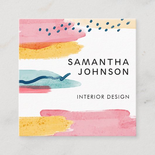 Moderne Abstracte Waterverf Geel Roze Blauw Ontwer Vierkante Visitekaartje (Voorkant)