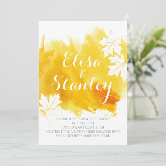 Moderne abstracte waterverf gele bruiloft kaart (Staand voorkant)