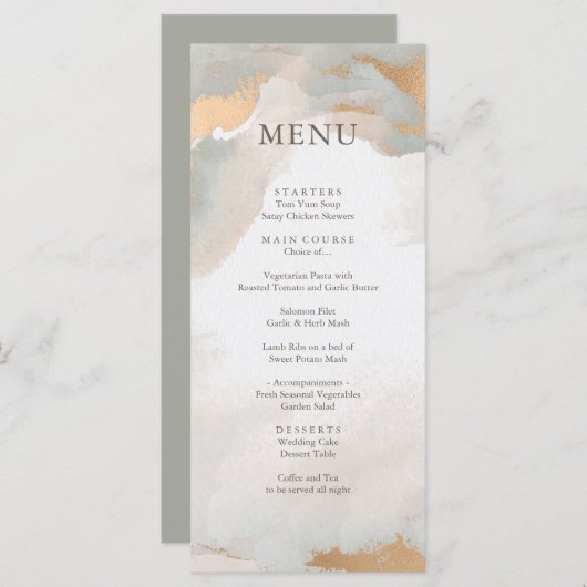 Moderne Abstracte Waterverf Gold Wedding Menu (Voorkant / Achterkant)