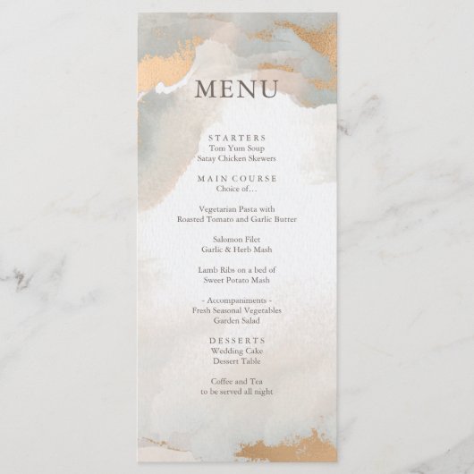 Moderne Abstracte Waterverf Gold Wedding Menu (Voorkant)