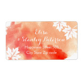 Moderne abstracte waterverf koraalperzikbruiloft etiket (Voorkant)