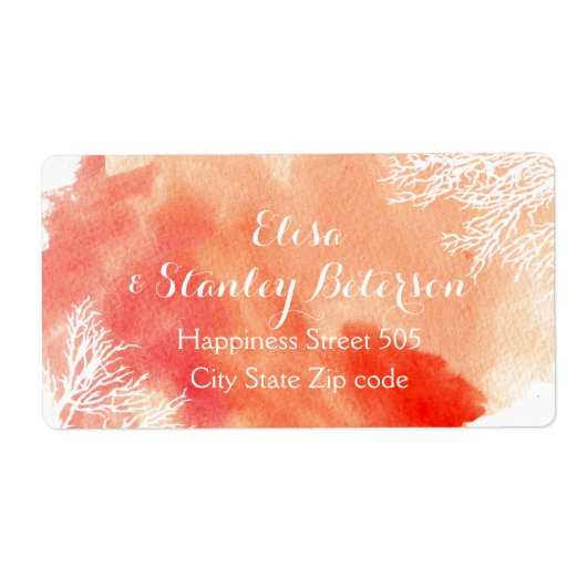 Moderne abstracte waterverf koraalrif bruiloft etiket (Voorkant)