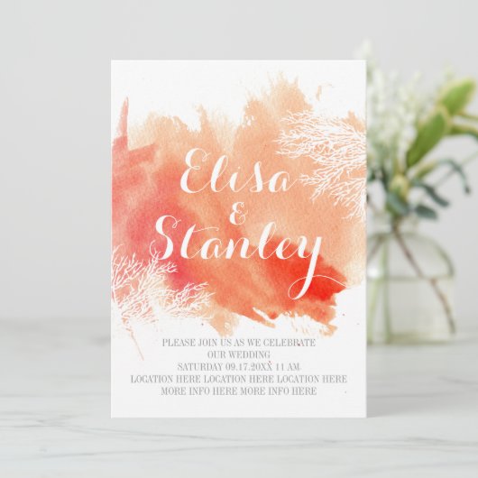 Moderne abstracte waterverf koraalrif bruiloft kaart (Staand voorkant)