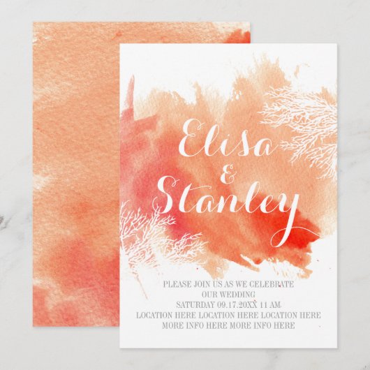 Moderne abstracte waterverf koraalrif bruiloft kaart (Voorkant / Achterkant)