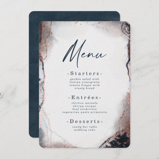 Moderne Abstracte Waterverf Moonlight Blue Wedding Menu (Voorkant / Achterkant)