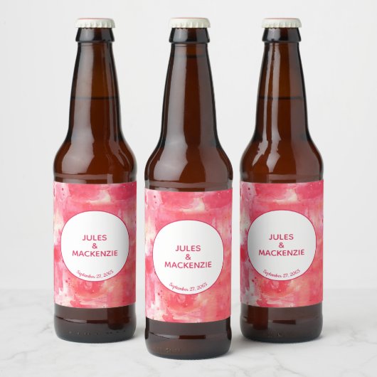 Moderne Abstracte Waterverf Roze Bruiloft Bier Etiket (Flessen)
