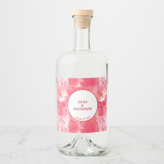 Moderne Abstracte Waterverf Roze Bruiloft Likeurfles Etiket (Voorkant)