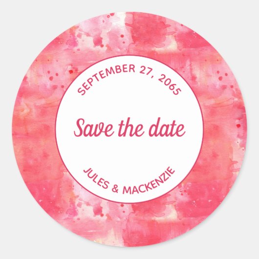 Moderne Abstracte Waterverf Roze Save the Date Ronde Sticker (Voorkant)