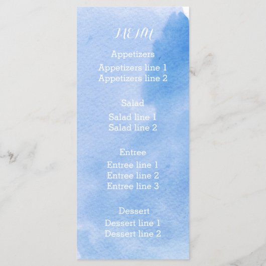 Moderne abstracte waterverf splash blauw bruiloft  menu (Achterkant)