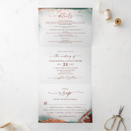 Moderne Abstracte Waterverf Terra Cotta bruiloft Drieluik Uitnodiging