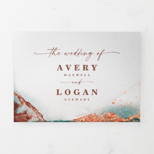 Moderne Abstracte Waterverf Terra Cotta bruiloft Drieluik Uitnodiging (Cover)