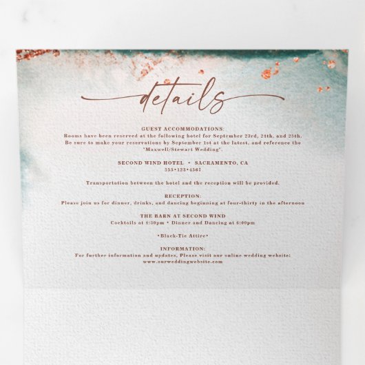 Moderne Abstracte Waterverf Terra Cotta bruiloft Drieluik Uitnodiging (Binnenzijde eerst)