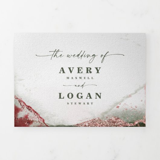 Moderne Abstracte Waterverf Terra Rosa Roze Huweli Drieluik Uitnodiging (Cover)