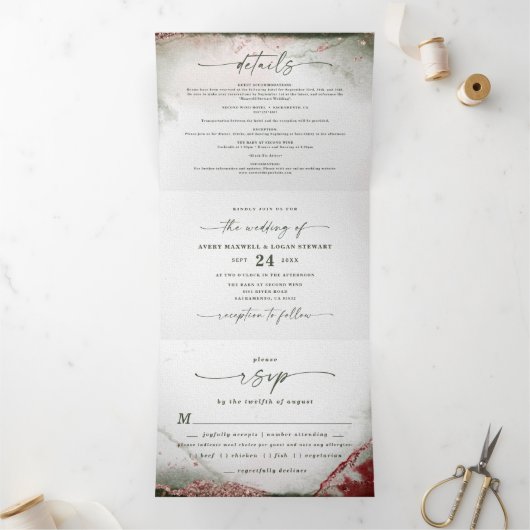 Moderne Abstracte Waterverf Terra Rosa Roze Huweli Drieluik Uitnodiging (Binnen)