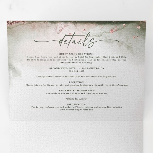 Moderne Abstracte Waterverf Terra Rosa Roze Huweli Drieluik Uitnodiging (Binnenzijde eerst)