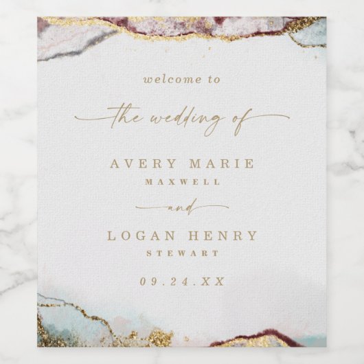 Moderne Abstracte Waterverf Wijnrood & Gouden Brui Wijn Etiket (Enkel label)