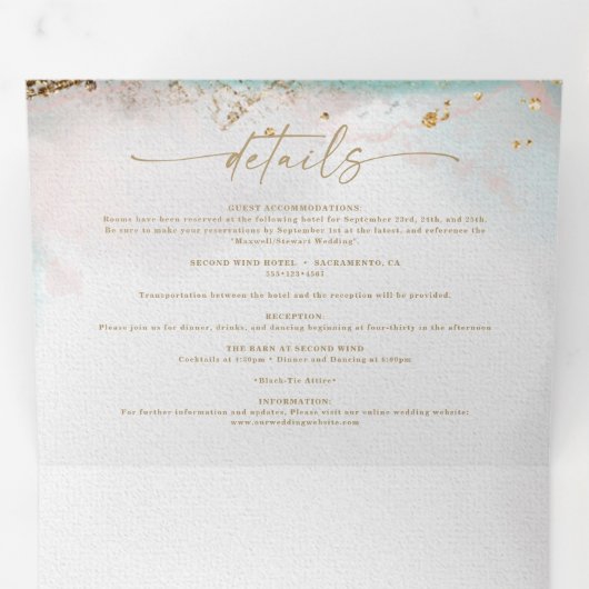 Moderne Abstracte Wijn Rood & Goud Winterhuwelijk Drieluik Uitnodiging (Binnenzijde eerst)