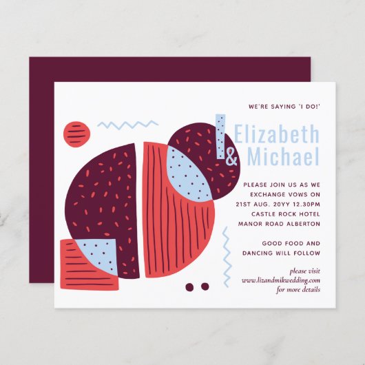 Moderne Abstracte Wijnrood Blauwe Trouw Uitnodigin (Voorkant / Achterkant)