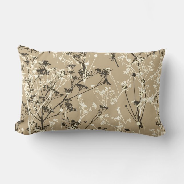 Moderne Abstracte Wildbloemen Beige Bruin Kussen (Voorkant)