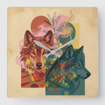Moderne Abstracte Wolf & Natuur Vierkante Wandklok