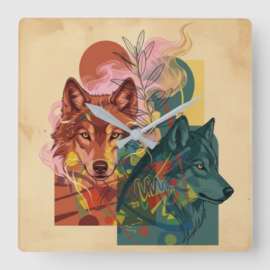 Moderne Abstracte Wolf & Natuur Vierkante Wandklok (Voorkant)