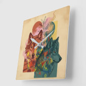 Moderne Abstracte Wolf & Natuur Vierkante Wandklok (Hoek)