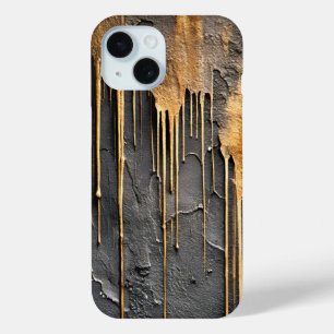 Moderne Abstracte Zwarte en Metalen Gouden Druppel iPhone 15 Case