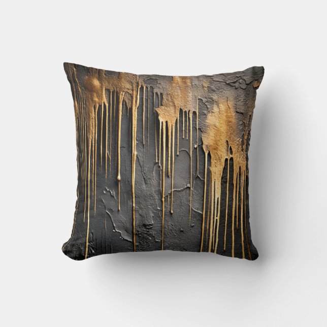 Moderne Abstracte Zwarte en Metallieke Gouden Drup Kussen (Voorkant)