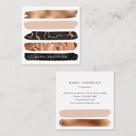 Moderne Abstracte zwarte marmer Blush Copper Brush Vierkante Visitekaartje (Voorkant / Achterkant)